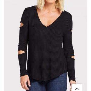 Chaser Black Ribbed Cutout Long Sleeve V-Neck Top